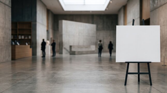 Empty white canvas on an easel standing in a modern art gallery space with concrete architecture and blurred visitors
