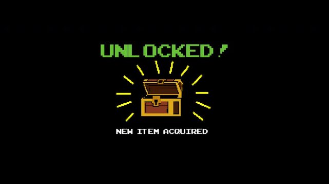 Pixel 8 bit treasure chest opening with unlocked text for game screen