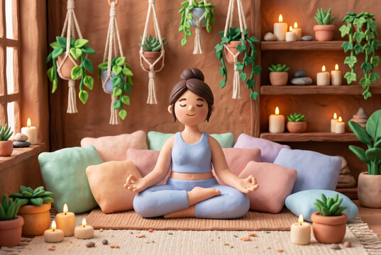 Claymation Woman Meditating in Lotus Pose at Cozy Home