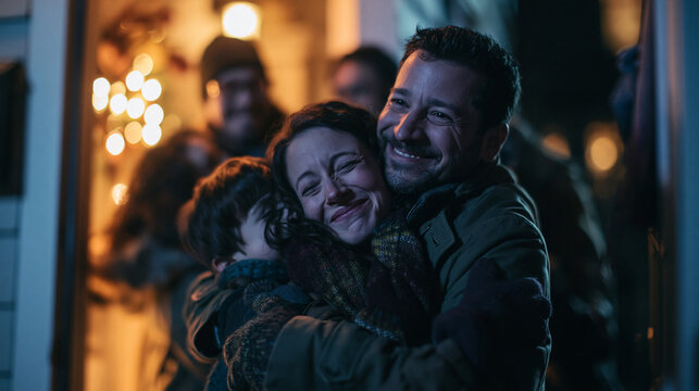 Happy Family Hugging and Welcoming Loved Ones at Home
