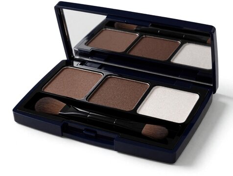 Eye shadow palette with three brown and white shades. Includes mirror and two brushes. Compact makeup case for beauty application. Natural cosmetic product for eye makeup.