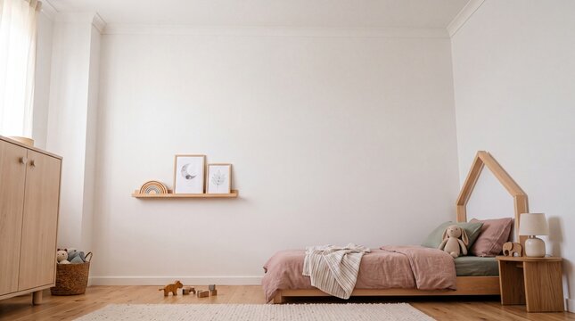 Minimalist Kids Bedroom Interior with House Bed and Copy Space