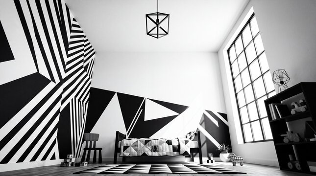Modern Monochrome Kids Bedroom with Geometric Wall Pattern
