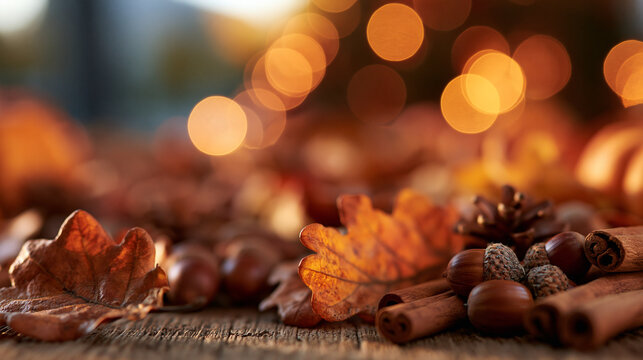 Autumn Leaves and Acorns on Rustic Wooden Table