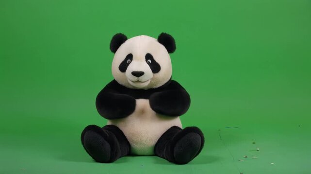 Adorable panda puppet waving hello on a green screen background with cinematic motion for broadcast advertising