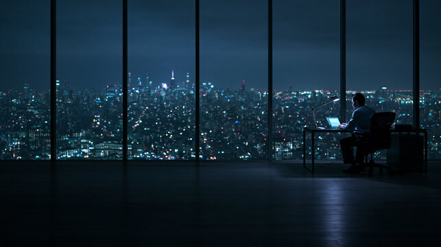 Businessman Working Late on Laptop in Modern High Rise Office