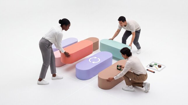 Diverse Team Collaborating to Arrange Modular Blocks in Studio