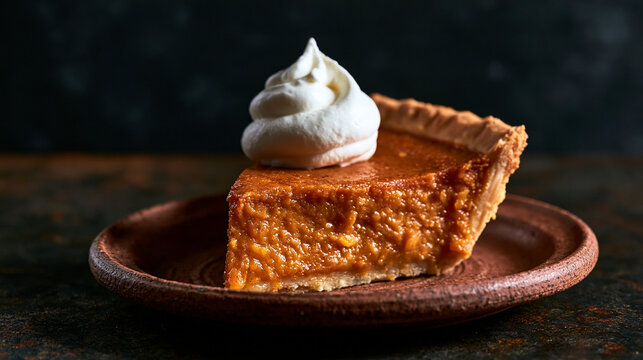 Slice of Pumpkin Pie with Whipped Cream on Rustic Plate