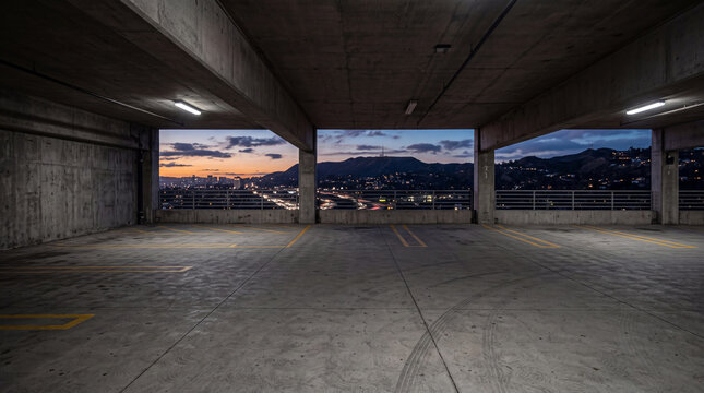 Empty Parking Garage Overlooking Cityscape at Sunset