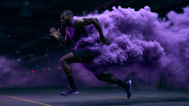 Athletic Man Sprinting with Purple Smoke Trail