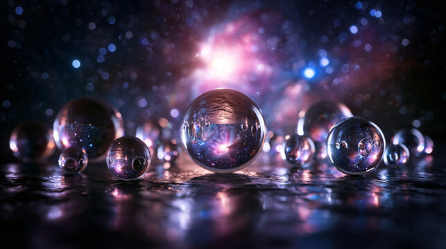 Crystal Spheres Reflecting Cosmic Nebula in Outer Space