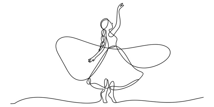 Continuous one line drawing of a beautiful dancing girl in a long dress as a graceful artistic movement concept.
