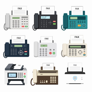 Flat vector illustration of various office fax machines and telecommunication devices.