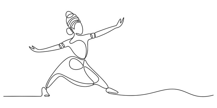 Continuous line drawing of graceful Indian classical dancer performing traditional Kathak or Bharatanatyam pose with extended arms on white background.