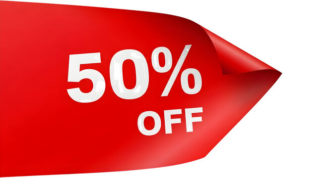 Red arrow banner showing fifty percent off discount sign with a transparent background for promotional retail marketing sales