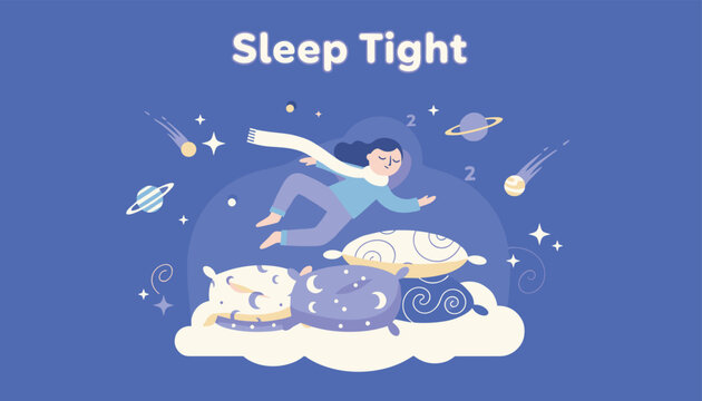 Sleep tight concept illustration featuring a young girl floating peacefully in a starry night sky surrounded by soft pillows.