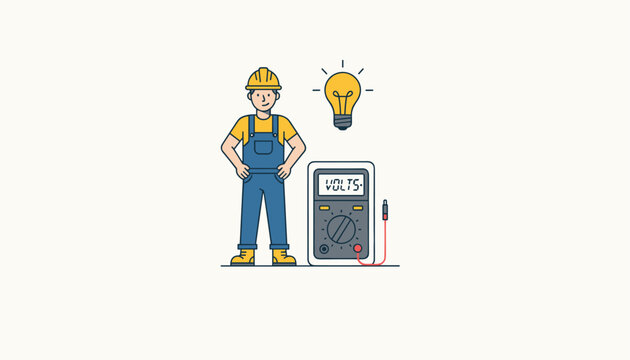 Professional electrician in overalls and safety helmet standing next to a digital multimeter and a bright light bulb.