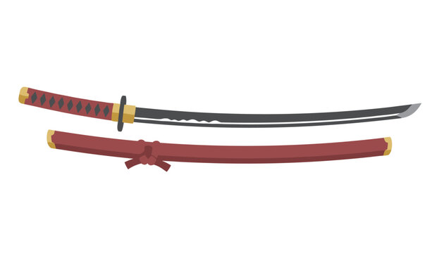 Traditional Japanese katana sword with a red wrapped hilt displayed alongside its matching red scabbard.