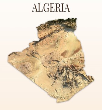 Algeria Shaded Relief Map. Hillshaded physical terrain map illustration. Light background with title. Illustration elements derived from NASA Imagery and NASADEM Global Elevation Model.