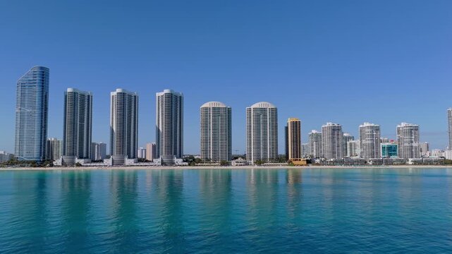Skyscraper cityscape of city in Florida, panoramic Miami. Miami beach cityscape with skyscraper architecture. Cityscape aerial view on city skyline. Cityscape of Miami. City aerial view