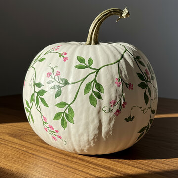 Ivory pumpkin adorned with delicate green vines and tiny pink blossoms, refined botanical autumn still life for elegant seasonal interiors and fall decor