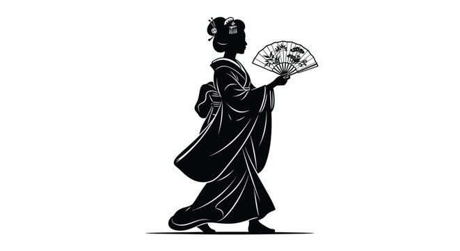 Silhouette of a woman in traditional japanese kimono holding a floral fan