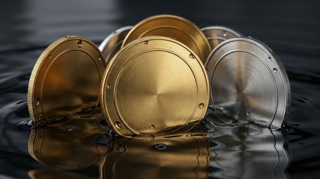 Metal medallions with clean surfaces rest partially submerged in dark, rippling liquid.