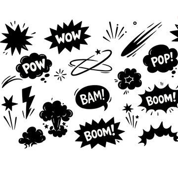 Comic book style speech bubbles and explosive sound effect shapes on white