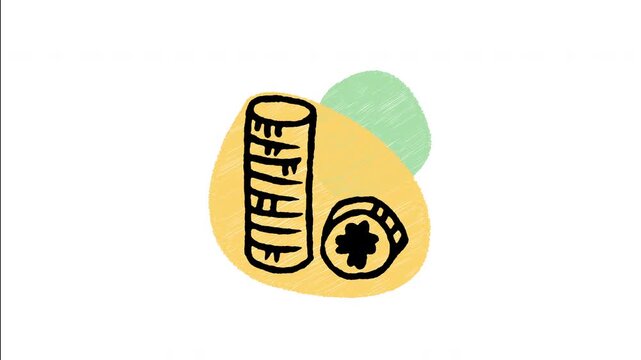 An animated hand-drawn towering stack of shining gold coins adorned with a lucky clover. Perfect for St. Patrick's Day wealth accumulation concepts, financial prosperity wishes, and treasure hunts. 