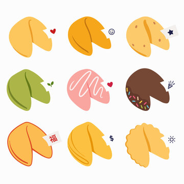 Colorful fortune cookie vector illustrations in various styles on a white background.