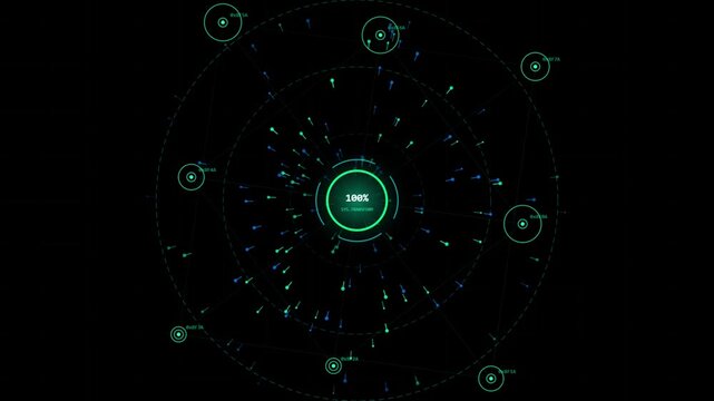 A futuristic digital loading screen displays a circular progress bar showing data transfer as glowing green and blue particles radiate on a black background