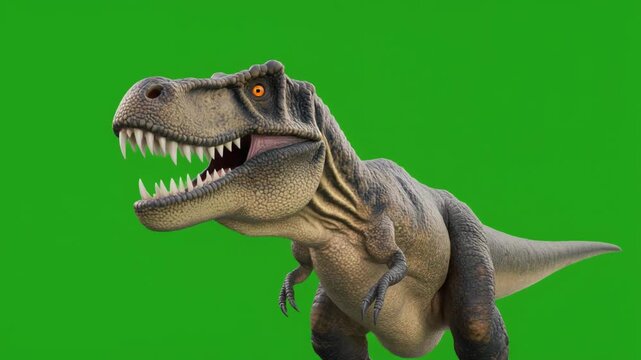 Tyrannosaurus Rex roaring on green screen with dramatic lighting and subtle camera zoom for prehistoric discovery
