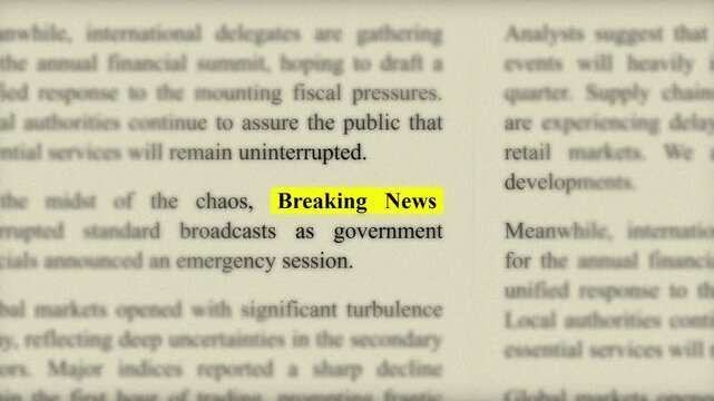 Macro shot focusing on highlighted breaking news text on a printed newspaper