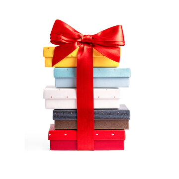 Stack of Colorful Gift Boxes with Red Ribbon and Bow Cutout