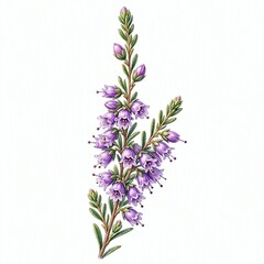 Obraz premium Intricate purple heather sprig exhibits tiny bell shaped blossoms and needle like evergreen leaves for moorland or highland scenery. Calluna vulgaris botanical drawing with many small violet flowers.