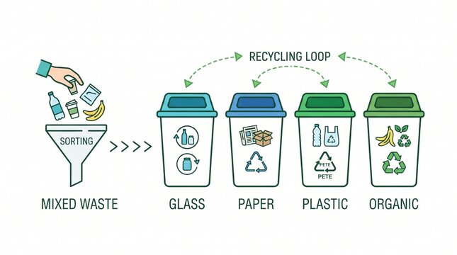 Waste Sorting and Recycling Process Vector Diagram Infographic with Categorized Bins