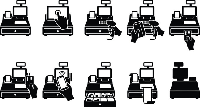 Cash Register Checkout Icons and Payment Process Vector Set for Retail Business, Point of Sale Systems & Financial Apps (EPS)
