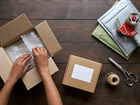 Person packing cardboard box with bubble wrap for shipping