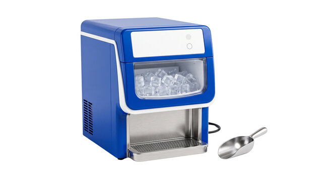 Portable blue ice maker machine with metal scoop isolated on white background