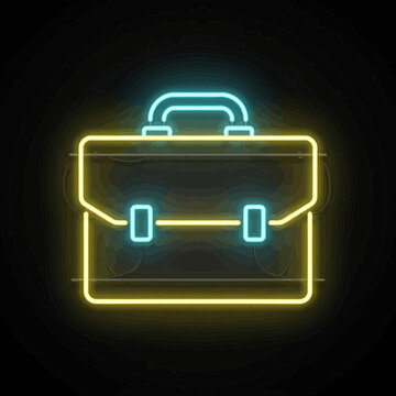 Neon briefcase icon vector, glowing yellow and cyan outline suitcase symbol on dark background, retro cyberpunk business logo for app UI
