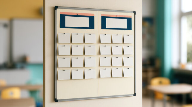 Classroom attendance check in board mockup with blank student cards, pinned labels and two header spaces for daily school organization and tracking