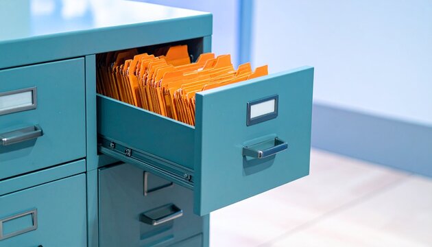 Teal metal filing cabinet with an open drawer containing orange hanging file folders