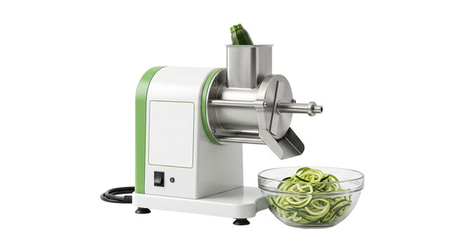 Electric vegetable spiralizer machine with fresh zucchini noodles in a glass bowl