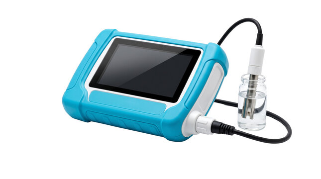 Digital pH meter with probe in water sample for laboratory water quality testing analysis.