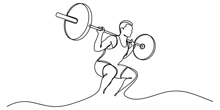 Continuous line drawing of man doing heavy barbell squat workout exercise for fitness training session showing strength development and body posture.