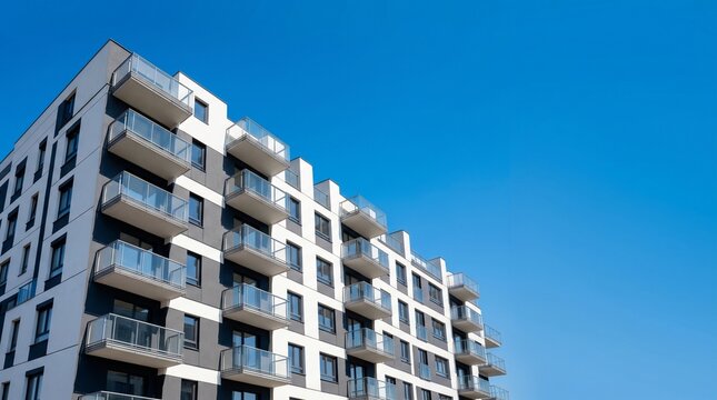 Architectural beauty of a modern apartment building, featuring clean lines and spacious balconies under a bright blue sky, ideal for contemporary urban living