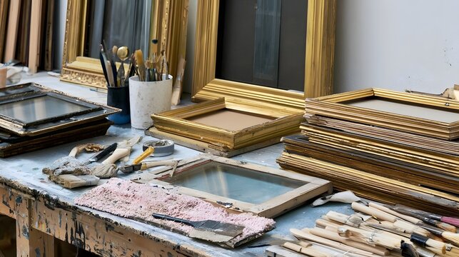 Workshop corner with golden picture frames  brushes  and resto n tools on a worn wooden table under natural light