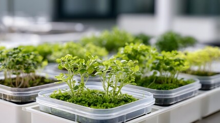 Naklejka premium Rows of small green plants growing in clear plastic containers on a white surface with soft background lighting