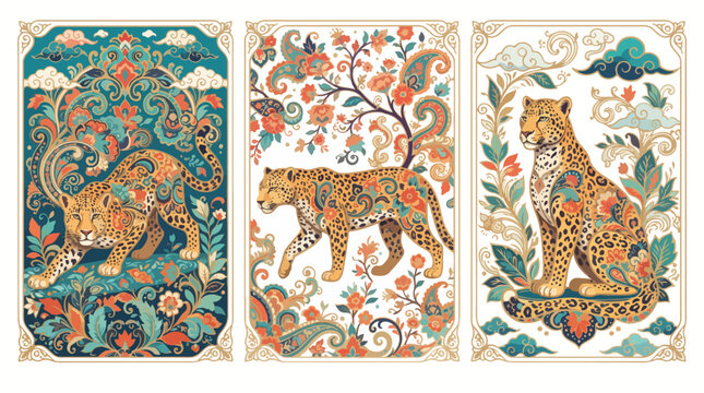 Elegant leopard vector illustration set featuring ornate floral paisley patterns and decorative border designs within three distinct rectangular framed panels
