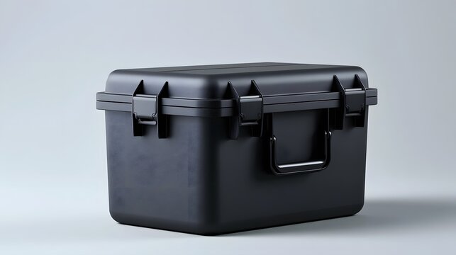 Black rectangular storage case with latches and handle  shown in minimalist studio setting with soft lighting